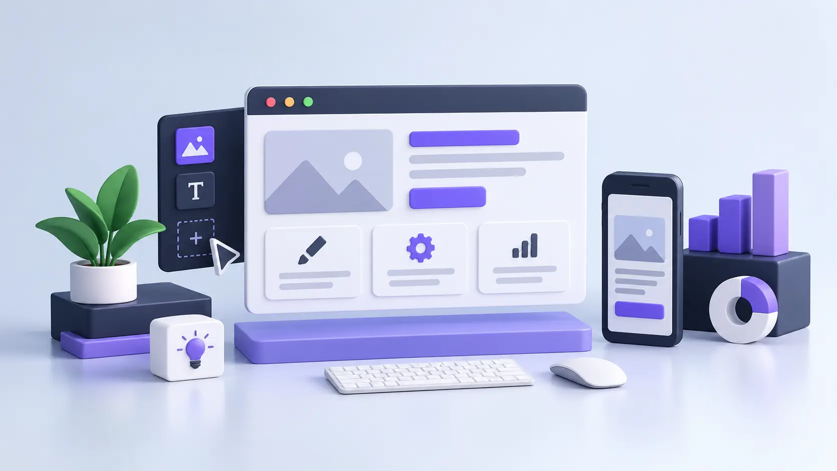 3D website design and development workspace illustration
