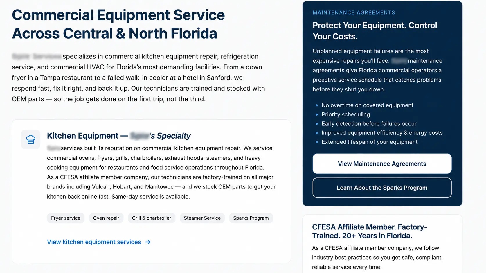 Anonymized multi-service commercial website showing service content and conversion-focused page structure