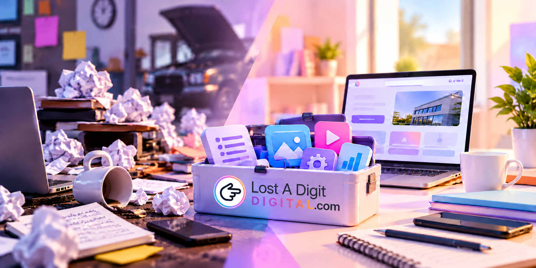 A Lost A Digit Digital branded AI toolbox with content and marketing icons between a cluttered workspace and an organized desk.