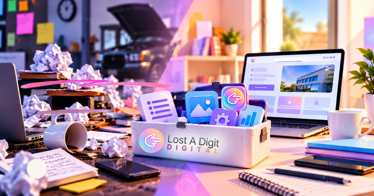 A Lost A Digit Digital branded AI toolbox with content and marketing icons between a cluttered workspace and an organized desk.