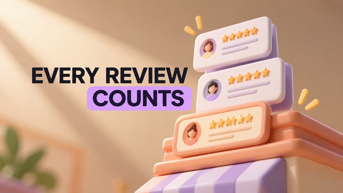 Clay style review cards with five gold stars stacked on a storefront awning, with the words Every Review Counts