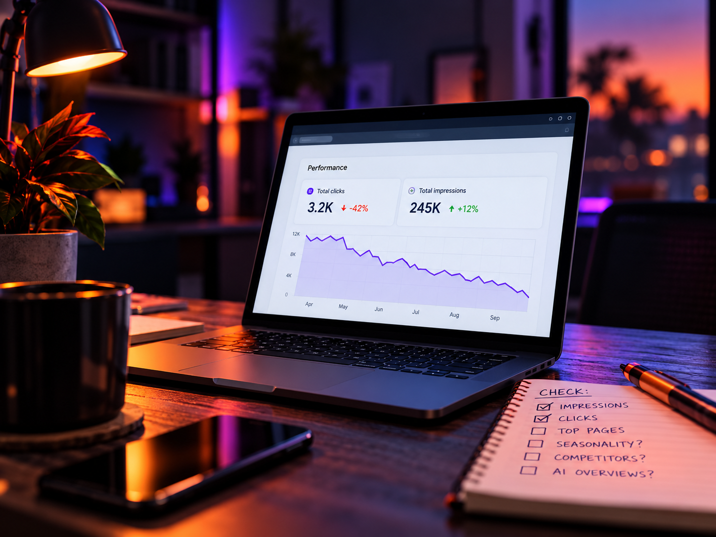 Laptop screen showing a search performance dashboard with declining clicks next to a handwritten notebook checklist